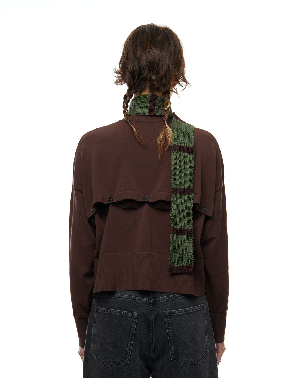 Thin knitted scarf in green and brown stripes