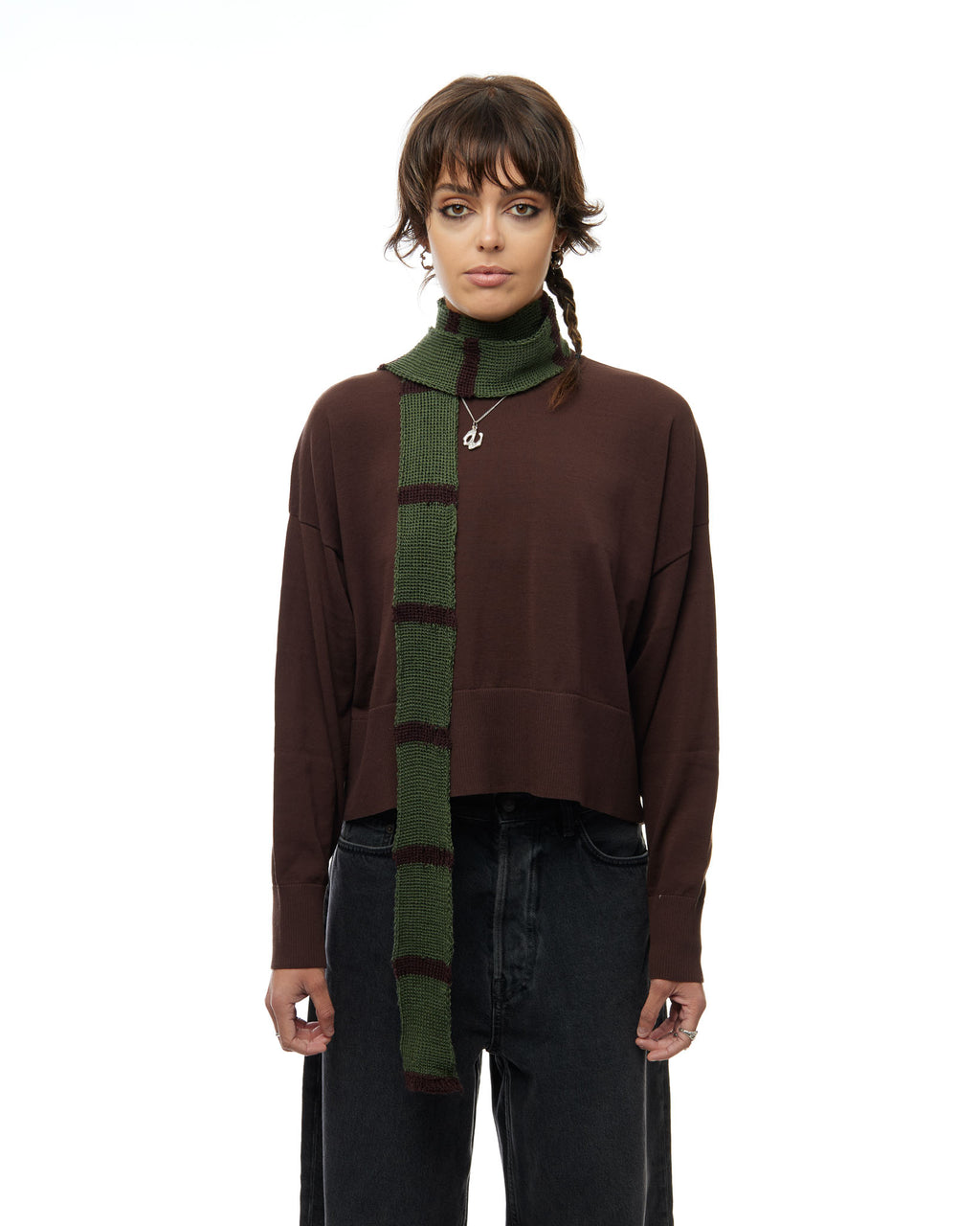 Thin knitted scarf in green and brown stripes